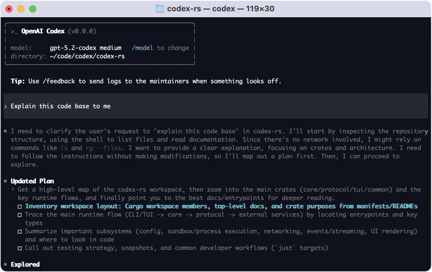OpenAI Codex in the terminal — ChatGPT Codex planning how to work through a codebase