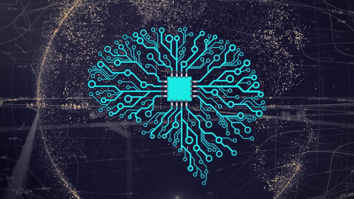 Illustration av ett neuralt nätverk format som en hjärna med ett mikrochip i mitten