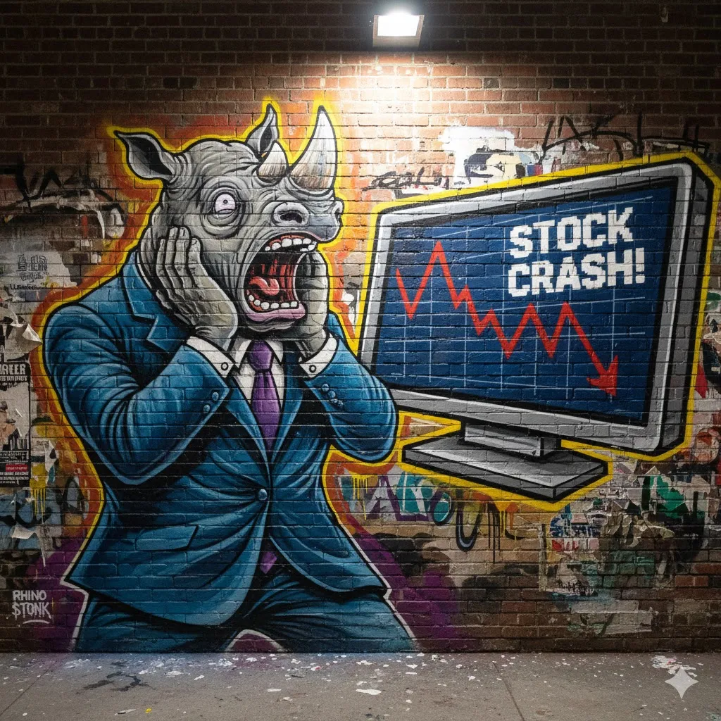 Graffiti mural of a rhino in a suit in front of a screen reading Stock crash — an image made with Nano Banana