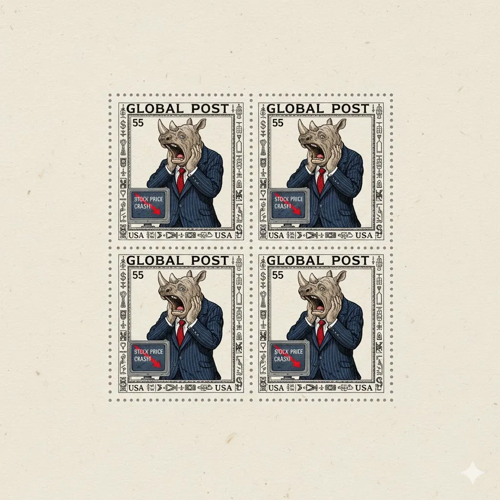 Four postage stamps showing a rhino in a suit in front of a screen reading Stock price crash, made with Nano Banana