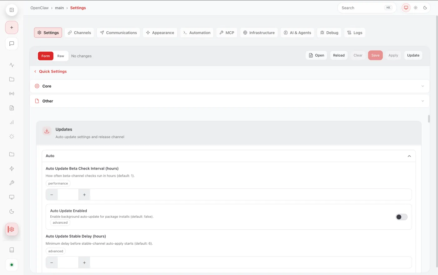 OpenClaw's settings page with tabs for channels, automation, AI and agents