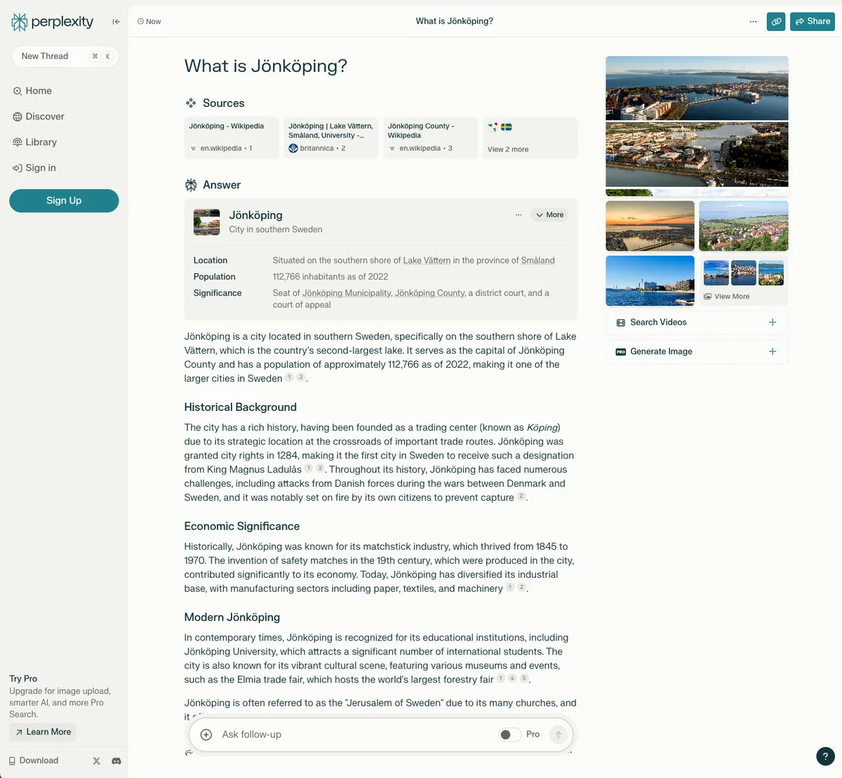 Skärmbild av Perplexity som svarar på frågan "What is Jönköping?" med källor, bilder och ett sammanfattat svar